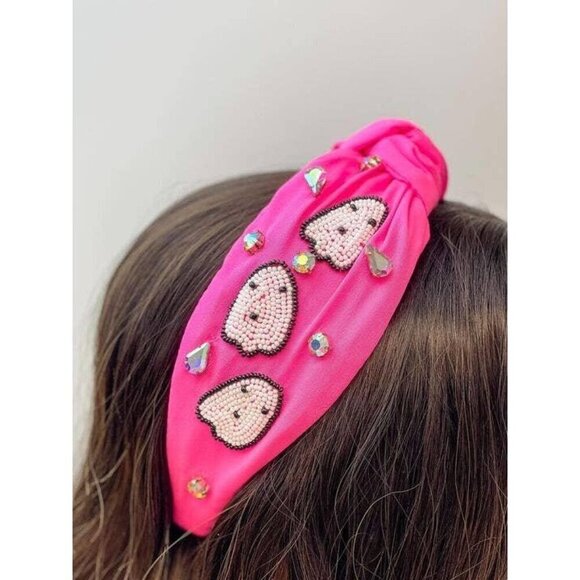 Fuchsia Rhinestone & Beaded Ghosts Knotted Headband - Picture 1 of 2